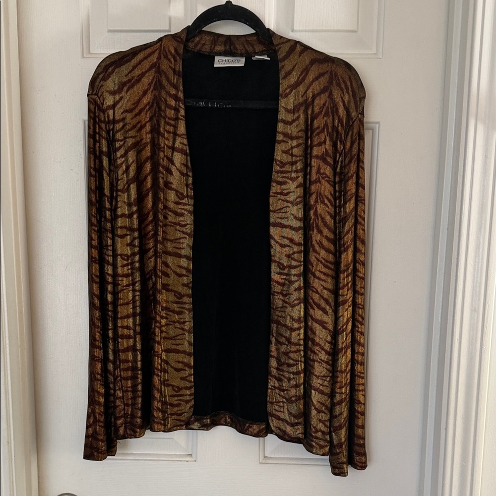 Chico's Brown and Black Tiger-Print Open-Front Cardigan